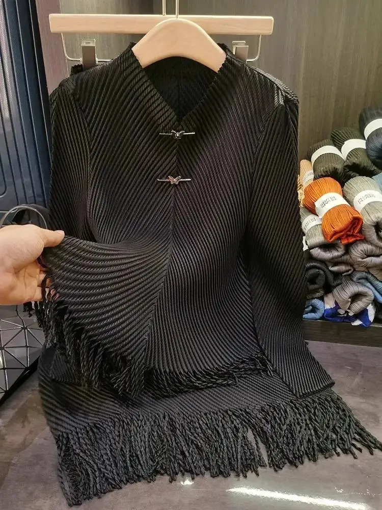 Spring Vintage Tassels Miyake Pleated 2 Pieces Set Women Solid Office Stretch Blouse TopElastic Waist Midi Skirt Suit 250106