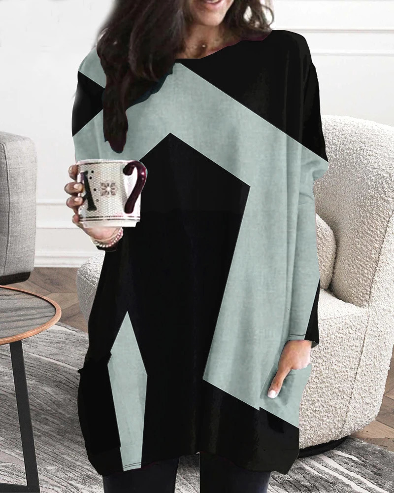 European and American Plus Size Womens Casual Fashion V Neck Long Sleeved Patchwork Dress 250106