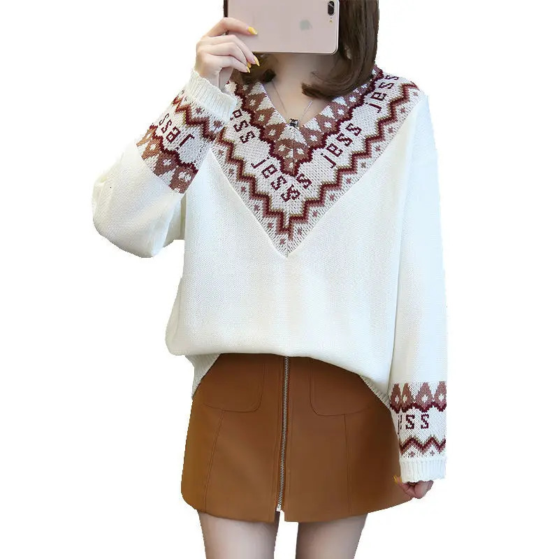 Vneck Letter Jacquard Knitting Pullovers Women Autumn Winter Elegant Temperament Sweater Fashion Allmatch Trend Knitwear Tops 250108