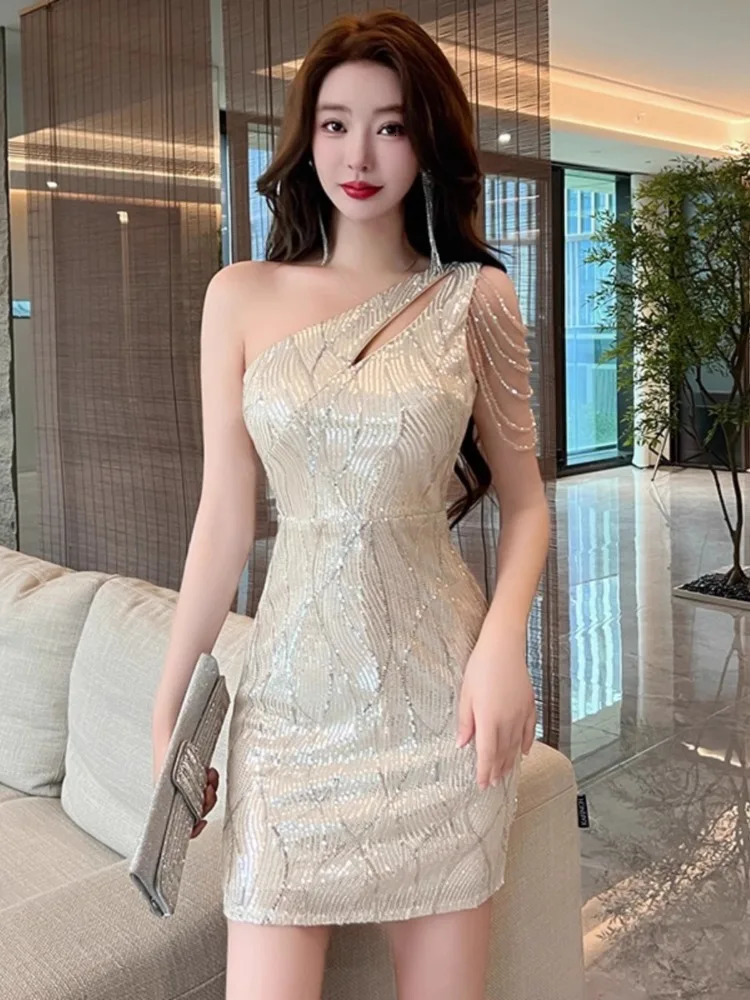 Topenomi Sexy Diagonal Shoulder Sequin Party Dress Women French Temperament Waist Slim Fit Banquet Evening Short Dresses Summer 250106