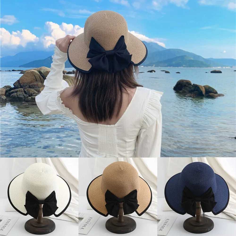 Elegant straw hat womens beach hat summer sun cushion wide brown folding bucket hat outdoor camping hiking sun hat X250109