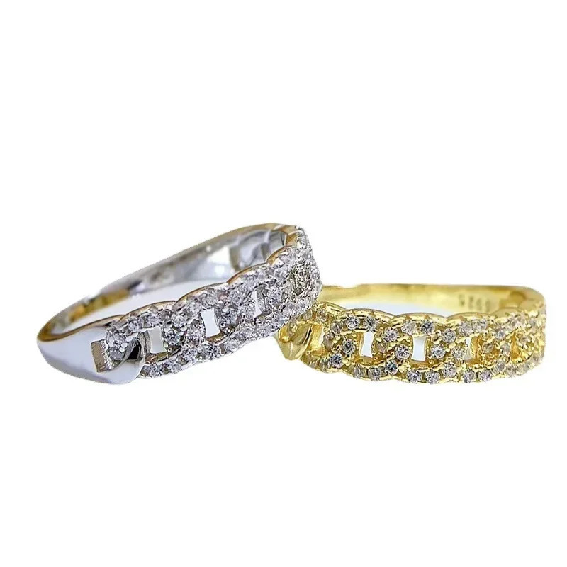 SpringLady y 925 Sterling Silver Female Rings Gold Bling Hip Hop Punk Ring Cuban Link Chain Wedding For Women 250109