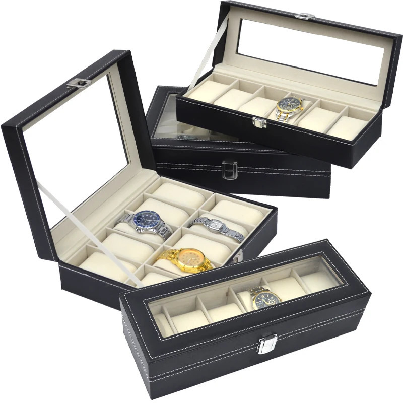 PU Leather Display Storage Collection Organizer Watch Box For Men Case With Glass Top 250109