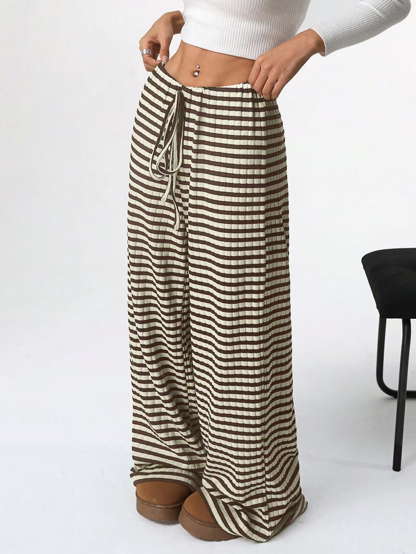Thin towel wide-leg pants women's high waist drooping loose slim straight casual striped knitted pants mopping the floor in summer#3453