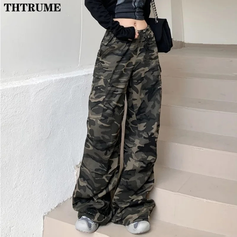 Spring High Waist Drawstring Cargo Pants Fashion Women Pocket Oversized Baggy Pant Casual Streetwear Camouflage Retro Trousers 250108