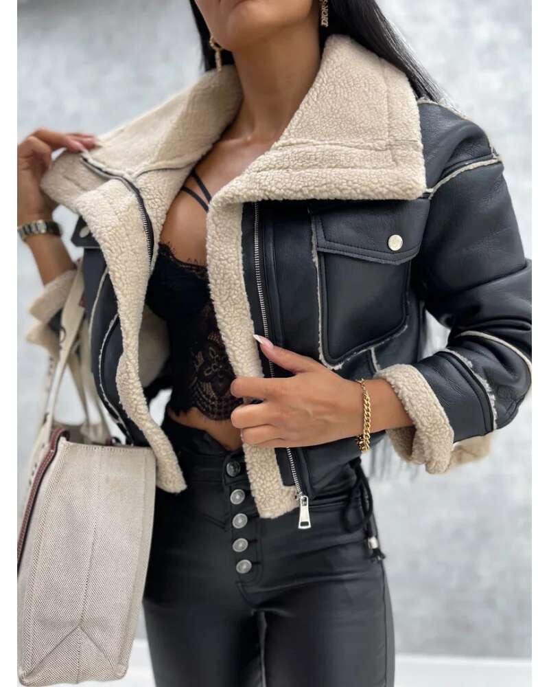 Faux Leather Jackets Women PU Short Thick Warm Black Outwear Female Aviator Retro Lapel Veet Coat New Year Winter Tops
