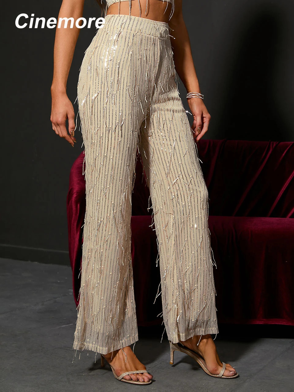 Cinemore Long Pant Sets for Women Two Piece Set Outfit Short Sexy y2k Tops Sequin Pants Straight Leg 250106