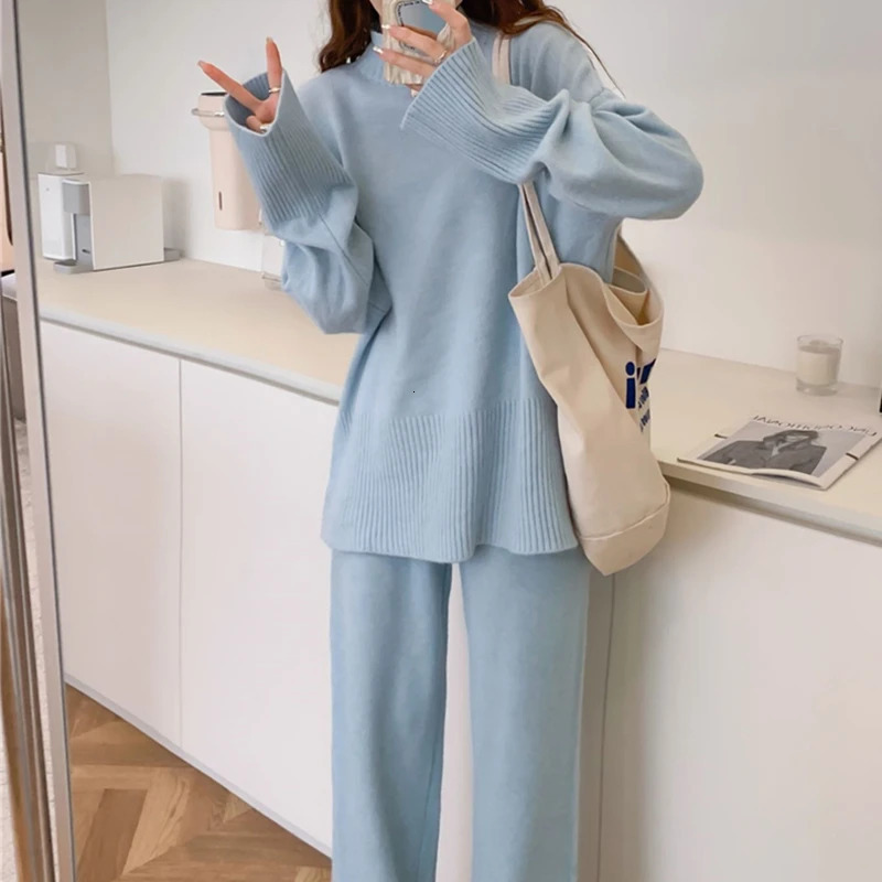 Seoulish Autumn Winter Split Womens Sweater Sets Fashion Solid Color Knitted Sweaters Casual Pants Twopiece 250106
