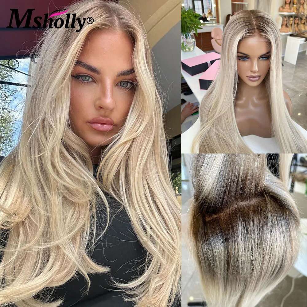 Ombre Ash Transparent Straight 13x4 Lace Front Wigs For Women Preplucked Blonde Remy Human Hair Wig