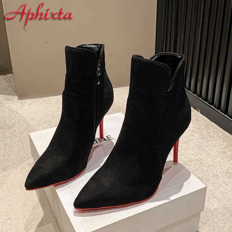 Aphixta 10cm Stilettos Winter Red Heels Zip Warm Black Ankle Boots ck Footwear Shoes Women Super Big Size 47 48 49 50