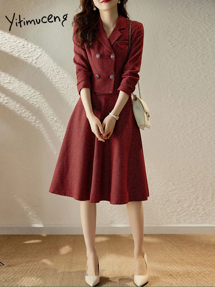 Yitimuceng Fashion Office Women Half Skirt Two Piece Set Long Sleeve Slim Fit Double Breasted 250106