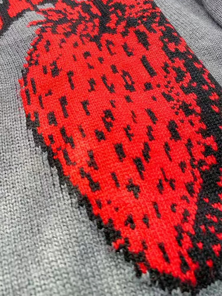 Autumn Winter Fashion Strawberry Print Oneck Sweater pullover Women Grey Wool Ribbed Edges Knitted Jumper Female 250108