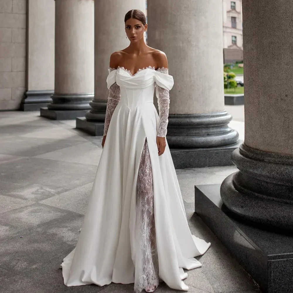 Off Shoulder Beach Wedding Dresses Illusion Side Split Lace Long Sleeves A-Line Simple Boho Bridal Gowns Sweetheart 2025 White Ivory Bride Dress Back 