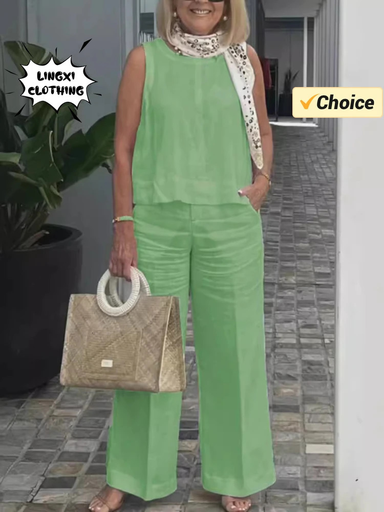 Summer Fashion Womens Matching Collection Round Neck Sleeveless Top High Waist Wide Leg Pants Casual Two Piece Set 250106