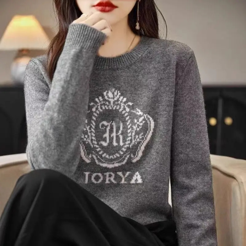 Women Letter Jacquard Knitted Sweater Autumn Winter Oeck Loose Vintage Chic Pullovers Casual Fashion Long Sleeve Tops 250108