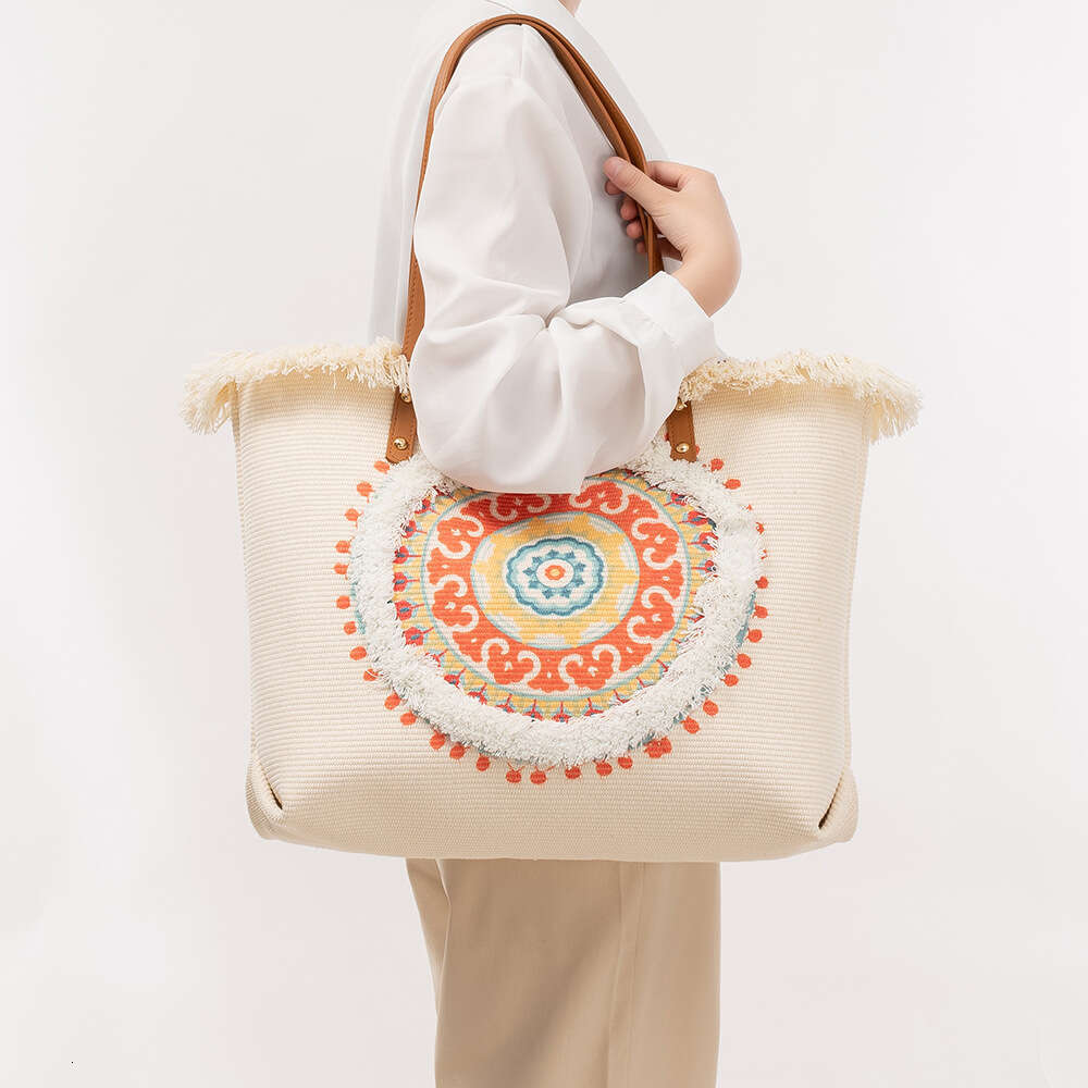 Canvas Large Capacity Women's Tote Bag, Four Sided Tassel Handbag, Niche Design, Ethnic Style Shoulder Bag
