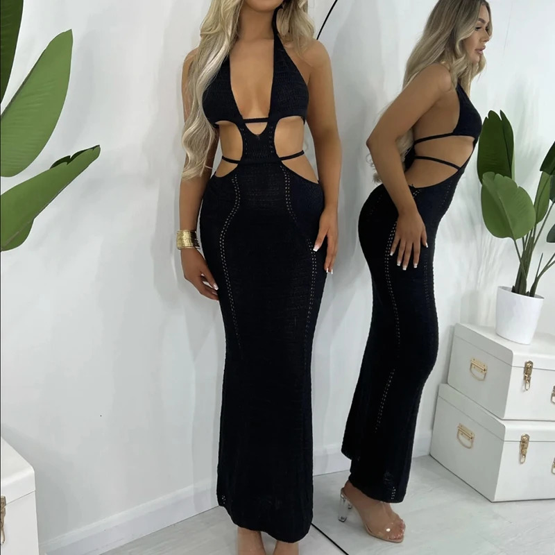 Style Hollow Out Backless Tie Up Dress Women Beach Holiday Sun Bathing Sunscreen Long Knitting Beachwear Cover 250108