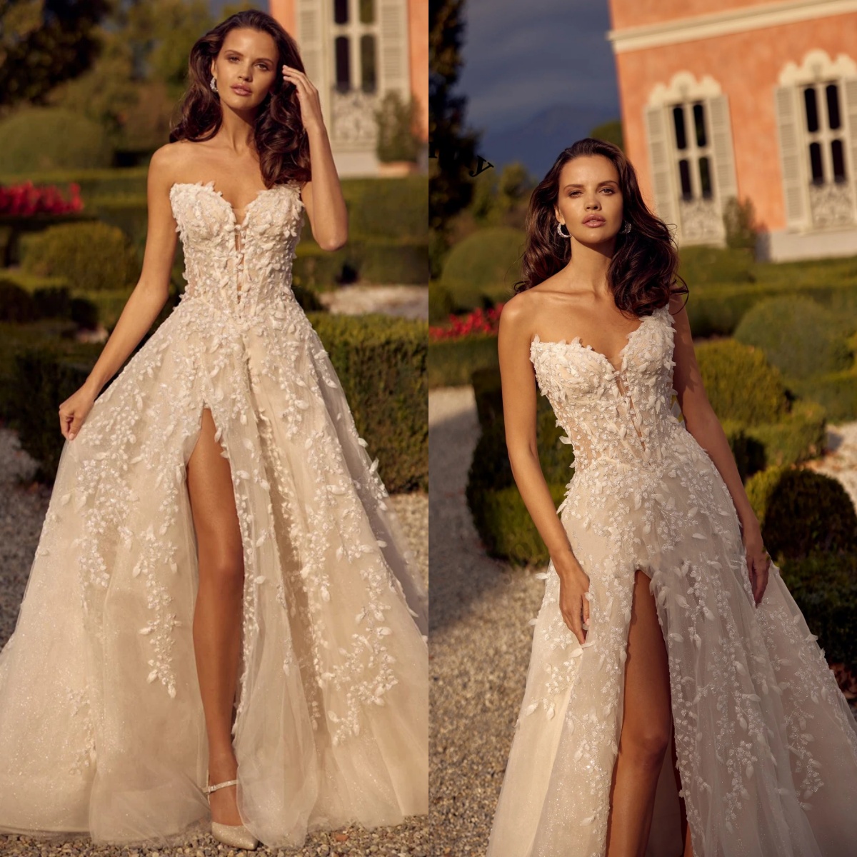 A-e Bridal Dress with Appliques & Sequins, Sweetheart Neck, Sleeveless, Split Side, Sweep Train, Customized