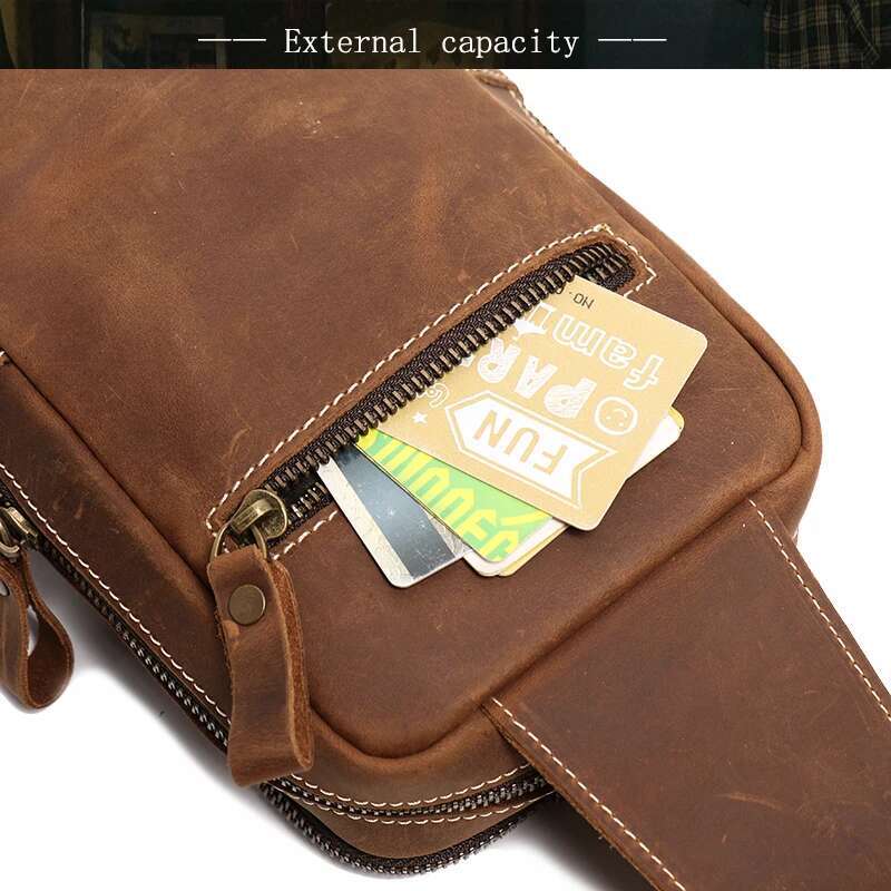 Men Crazy Horse Cow Leather Zipper Retro Male Motorcycle Outdoor Chest Casual And Simple Single-Shoulder Bag