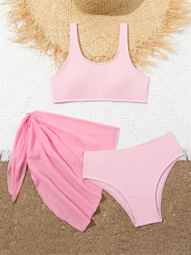Kids Swimsuit Girls Bikini Solid Ribbed Sling Bikinis Set Children Swimwear Summer Three Piece Beachwear Bathing Suits 250108