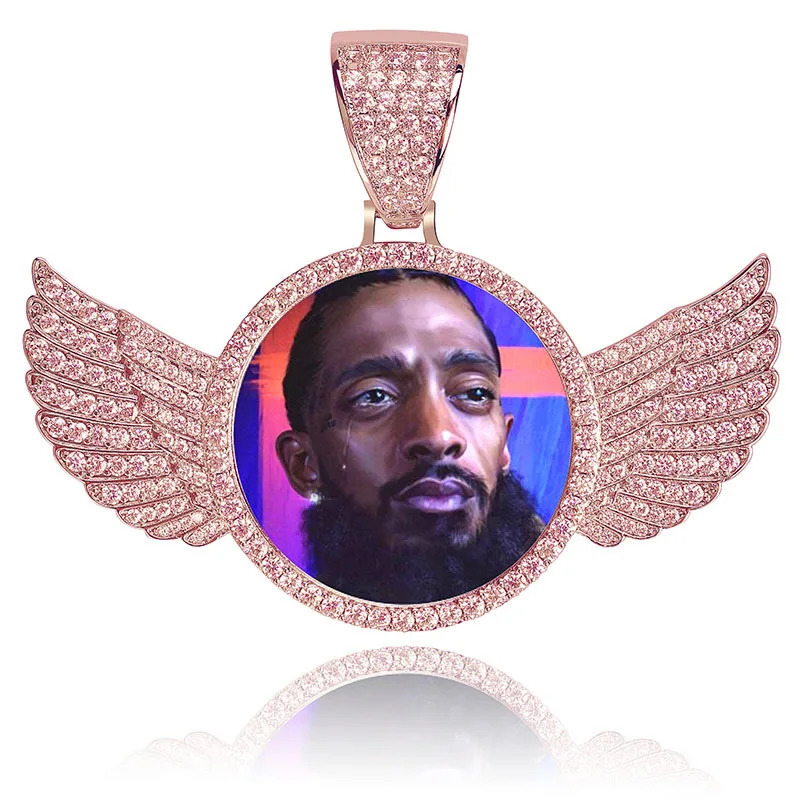 Custom Po Wings Shape Gold Necklace Pendant Ice Out Cuban Men Hip Hop Picture Jewelry Gifts Free Personalized 250109