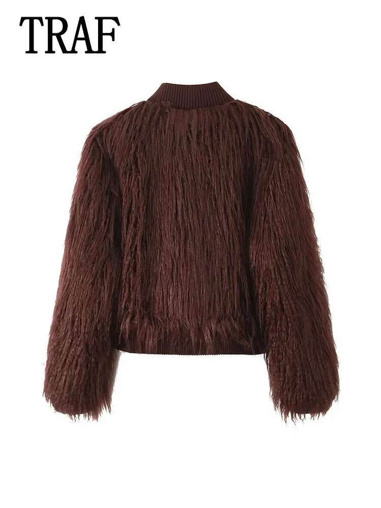 TRAF Women's Fashion Faux Fur Warm Coat Winter Jacket Women Long Sleeve Knitted Cropped Coats Casual New Outerwears