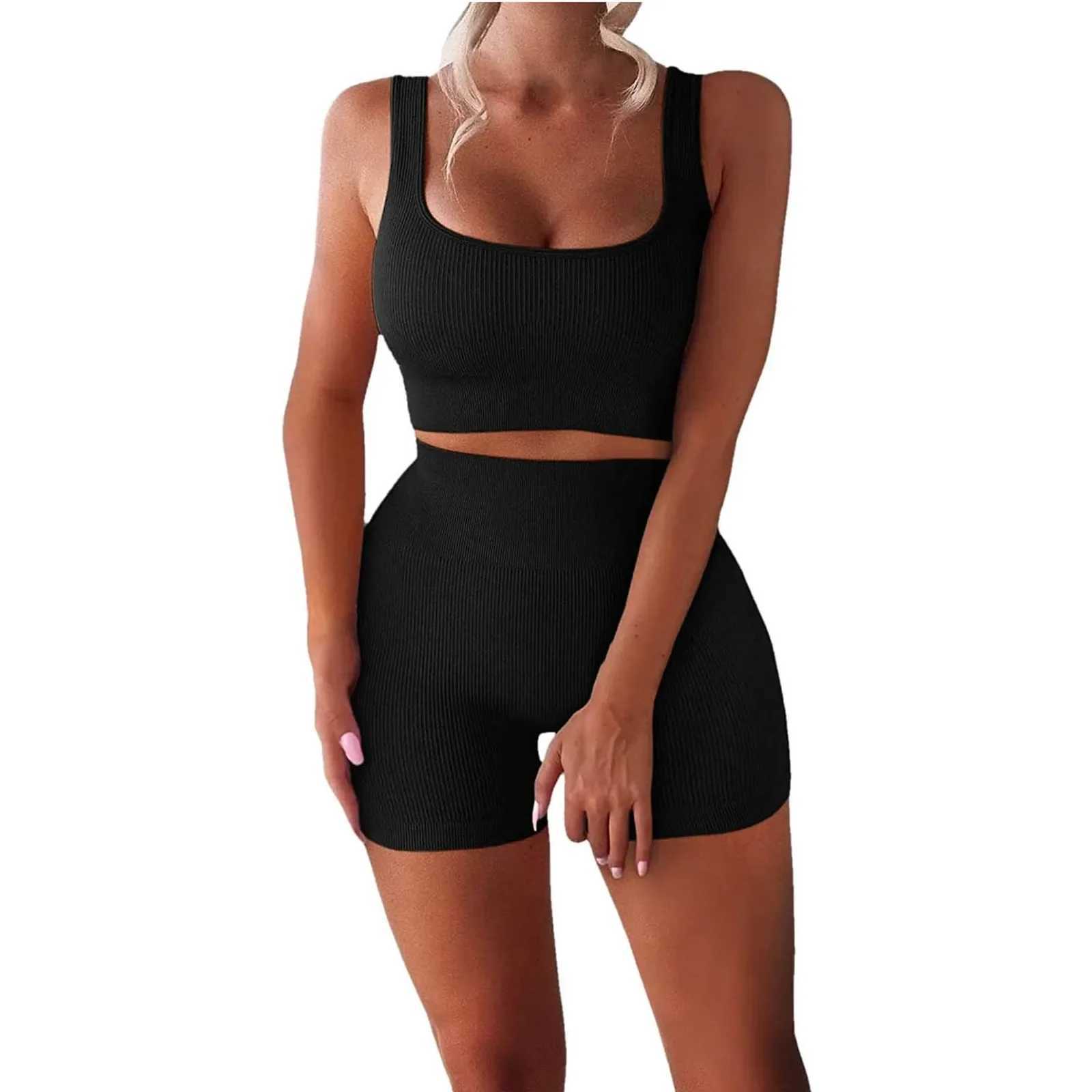 Womens Sexy Fitness U-Neck Vest Two-piece Set Ribbed Vest High Waist Shorts Yoga SuitXJ250109