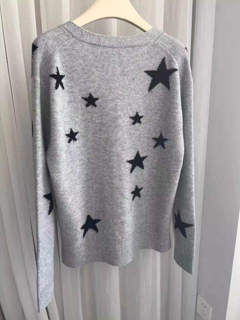 100% Cashmere Women Long Sleeve V-Neck Autumn Winter Stars Jacquard Knitted Cardigan Female
