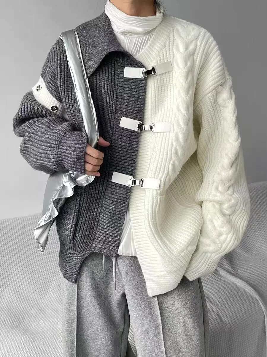 2025 Winter Niche Button Design Sweater Men's Contrast Color Slicing Cardigan Jacket Y2k High Street Loose Knit Outewear Trendy