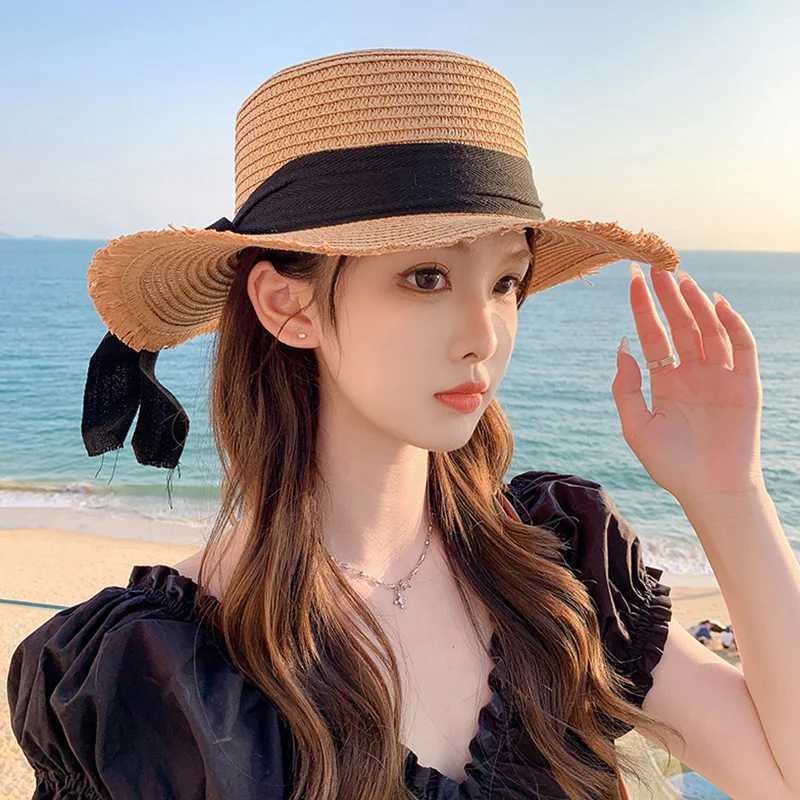 Bow ribbon straw hat bra wide eaves soft top sun hat summer sun hat Fem vacation beach accessories X250109