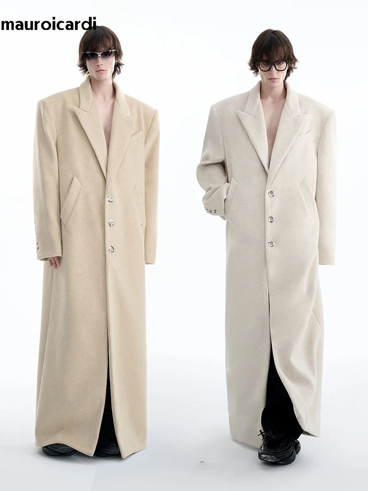 Mauroicardi Autumn Winter Oversized Long Warm Black Wool Blends Coat Men Floor Length Woolen Overcoat 2024 250106