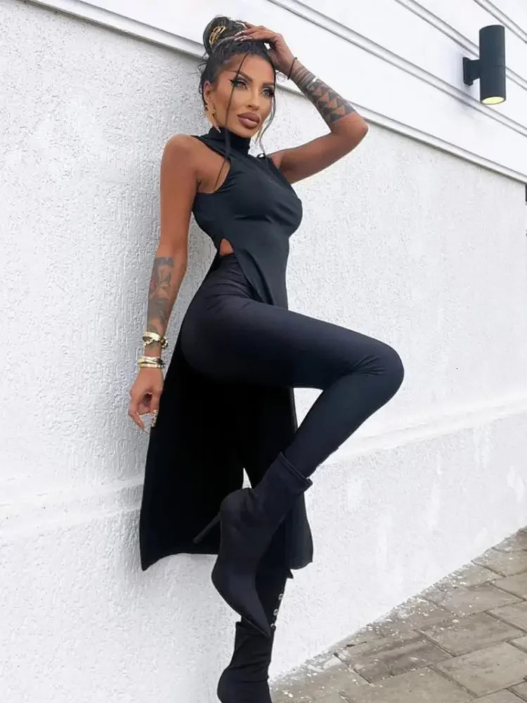 Oshoplive Summer Backless SplitSide HighNeck Vest Top Leggings Suits Casual High Street Two Pieces Set For Women 250106