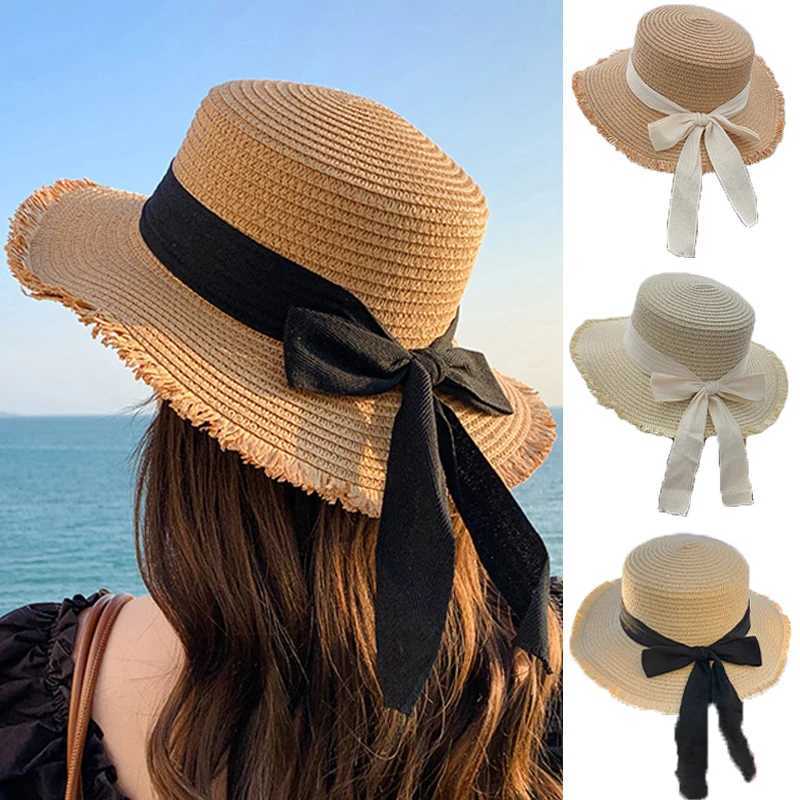 Bow ribbon straw hat bra wide eaves soft top sun hat summer sun hat Fem vacation beach accessories X250109