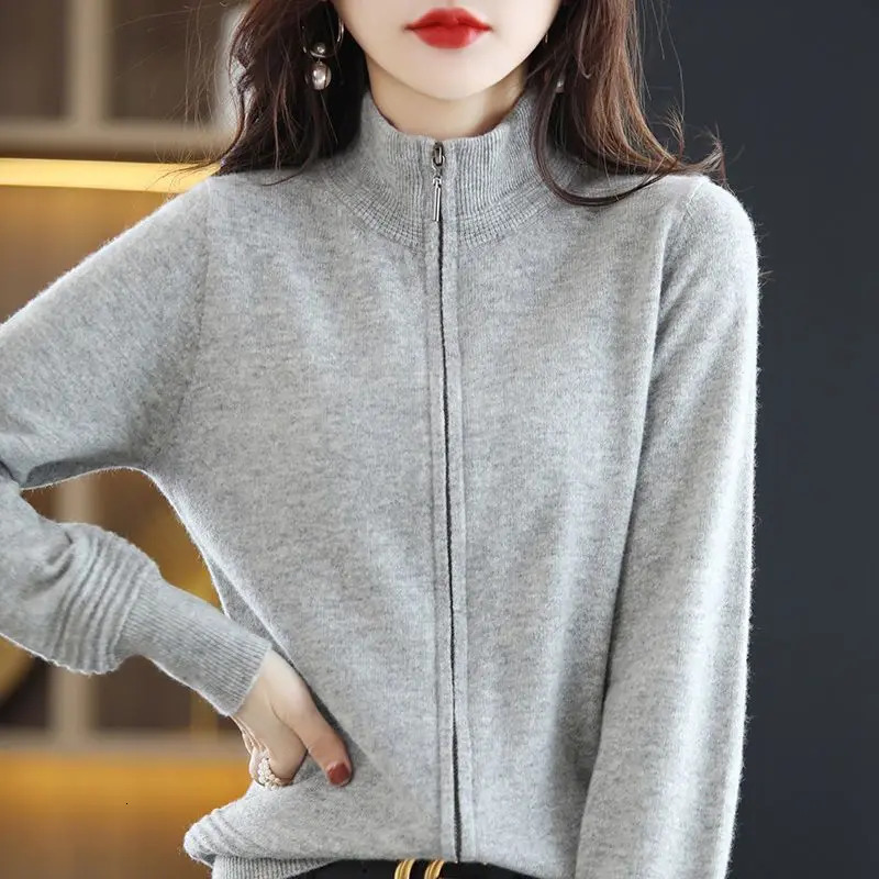 Spring Autumn Women Korean Fashion Simple Soft Cashmere Knitted Jacket Casual Solid Long Sleeve Zipper Sweater Cardigan 250108