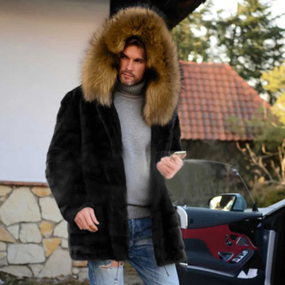 Mens Fur Coat Artificial Warm Autumn Winter Cold Resistance MidLong Black Casual Faux 250107