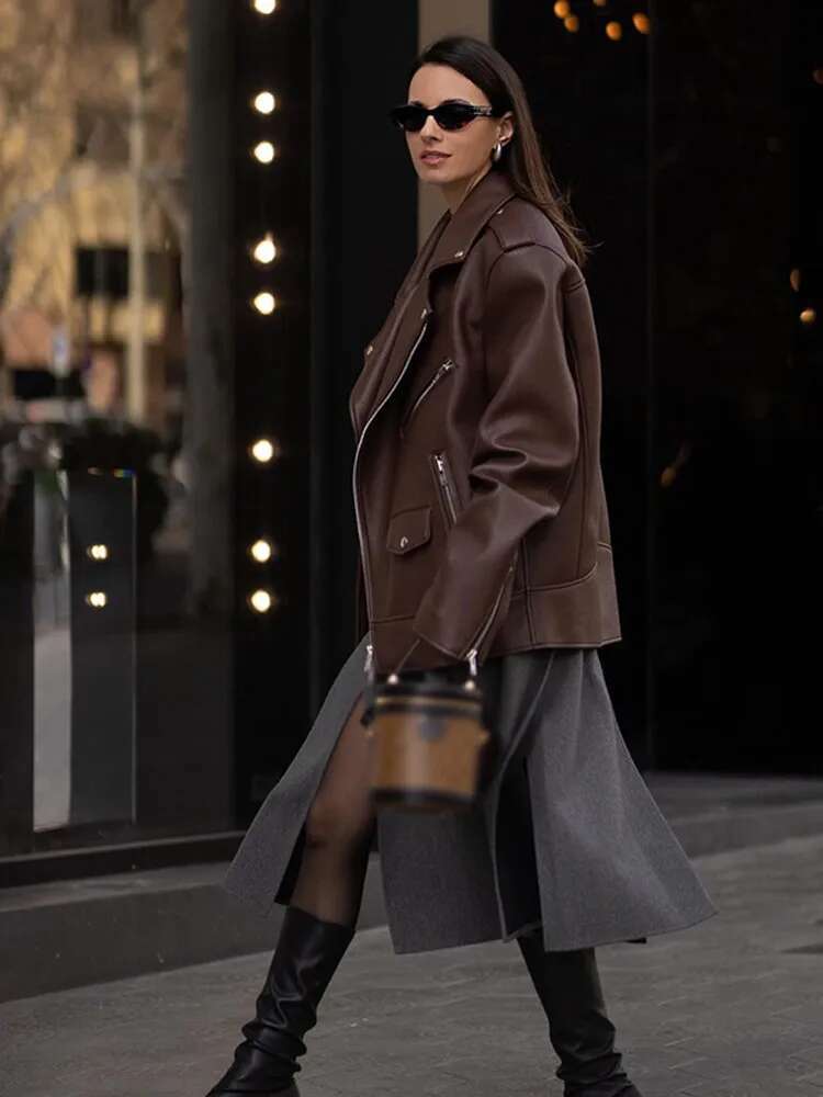 Vintage PU Leather Women Jacket Lapel Full Sleeves Zippers Female Coat 2024 Autumn Winter Solid Minimalism Loose Lady Outwear