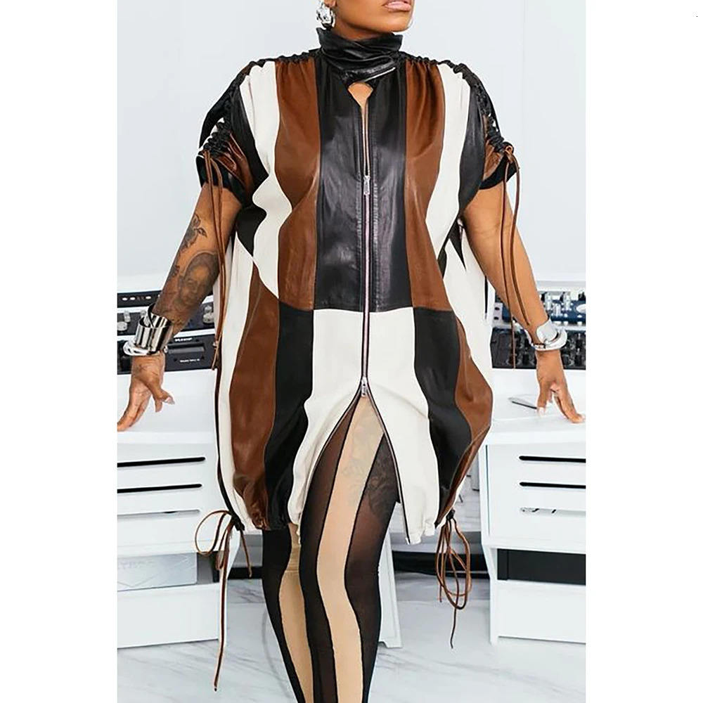 Plus Size Party Dress Brown Ruched Faux Leather Colorblock Mini 250106