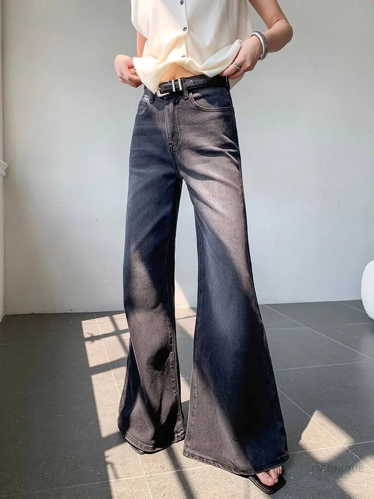 Minimalist Black Micro Flared Jeans For Women In Spring And Autumn Slim Fit With Wide Legs Fashionable Floor Length Pants 250106