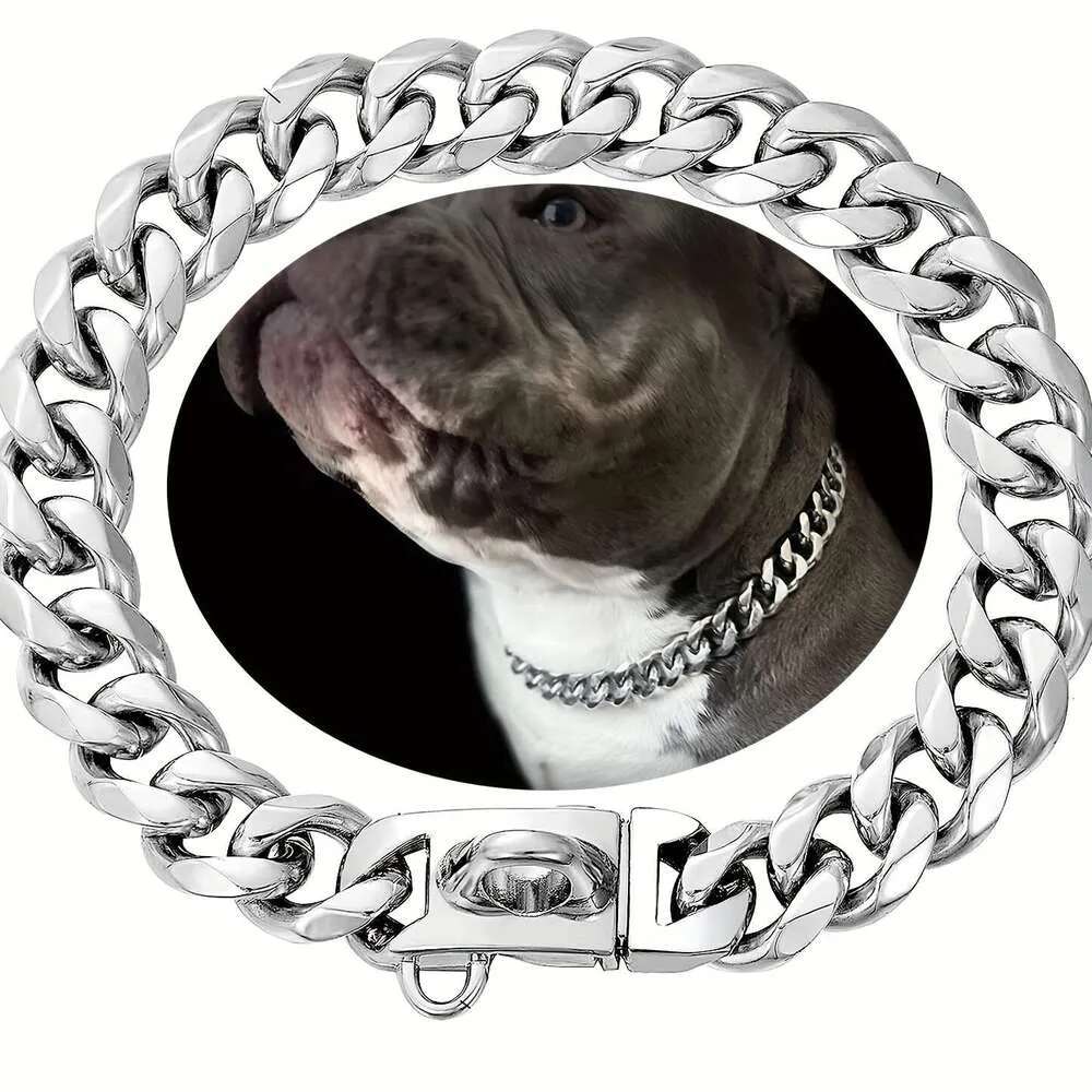 15mm Dog Chain Walking Metal Collar With Design Secure Buckle Cuban Link Strong Heavy Duty Chew Proof