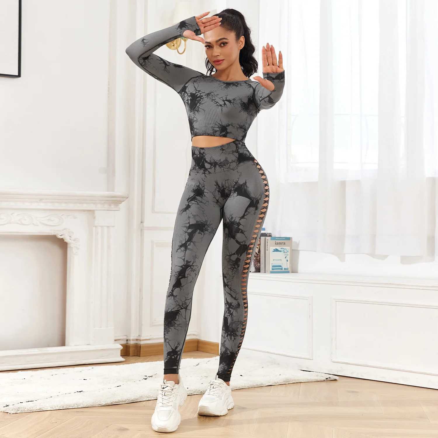 CHRLEISURE Seamless Tie Dye Sports Set Hollow Out Yoga Suit Fitness Top with Workout Leggings ActivewearXJ250109