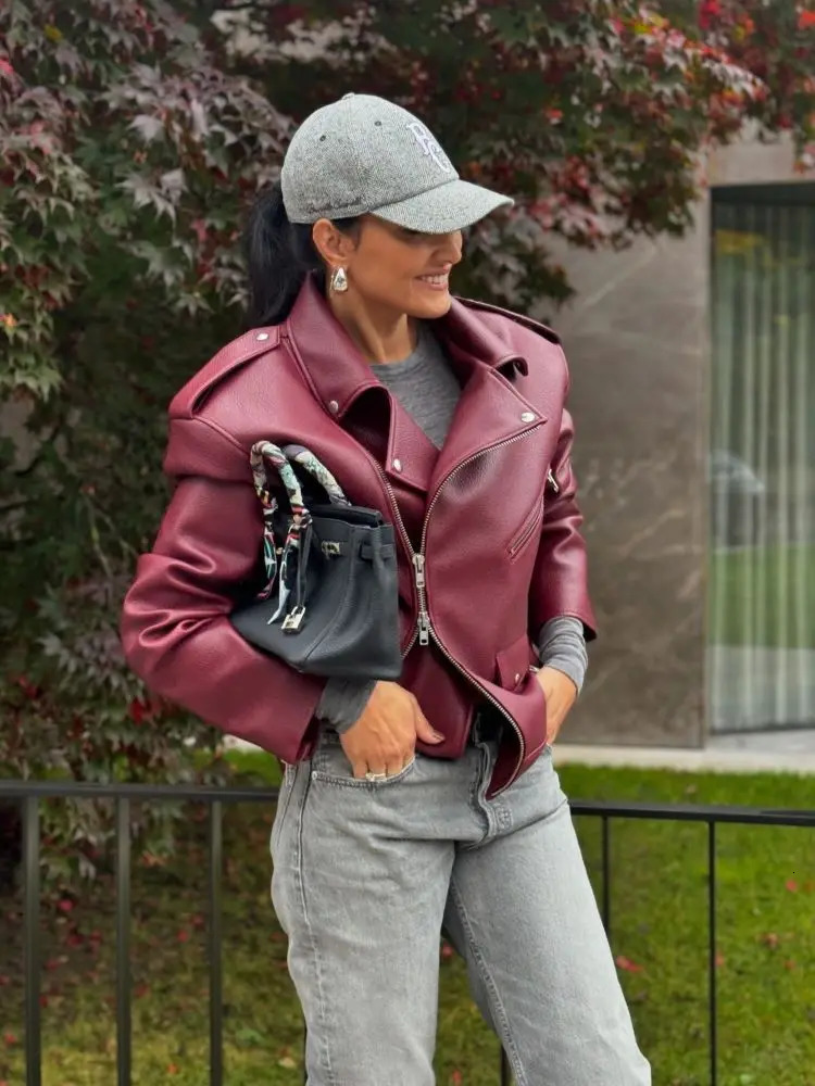 Vintage Wine Red Irregular Zipper Pu Leather Jacket For Women Fashion Lapel Buttons Long Sleeve Coat Female Street Outwear 250103