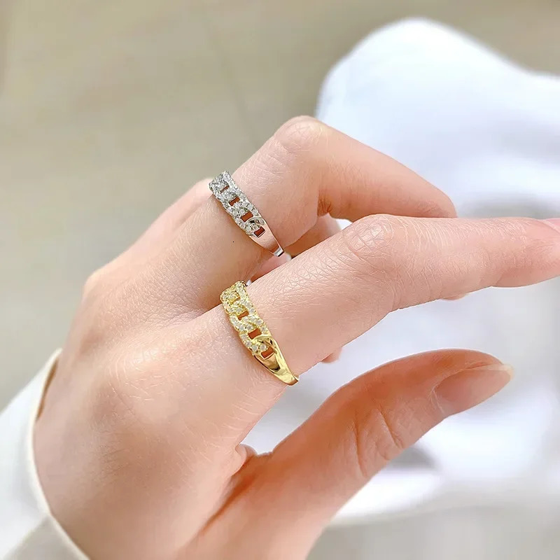 SpringLady y 925 Sterling Silver Female Rings Gold Bling Hip Hop Punk Ring Cuban Link Chain Wedding For Women 250109