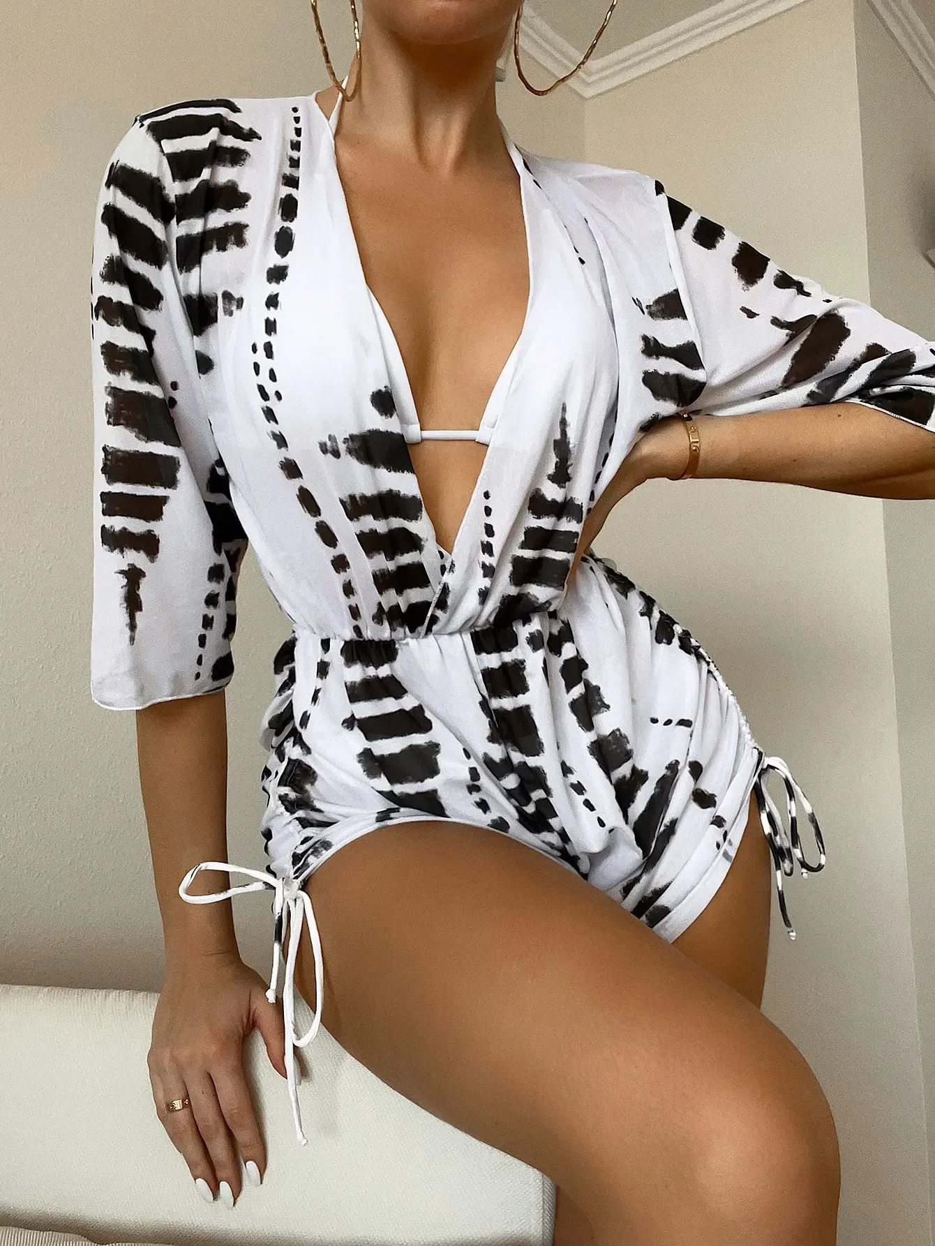 3 Pieces Tankini Tropical Print Swimsuit Halter Drawstring Swimwear Women Bathing Suit Female Swimming Summer Beachwear 250108
