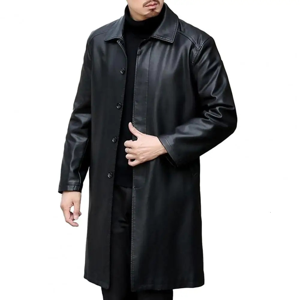 Men Autumn Winter Faux Leather Windbreaker Lapel Long Sleeve Pockets Single Breasted Fleece Lining Jacket Coat Loose 250107