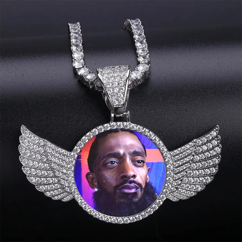 Custom Po Wings Shape Gold Necklace Pendant Ice Out Cuban Men Hip Hop Picture Jewelry Gifts Free Personalized 250109