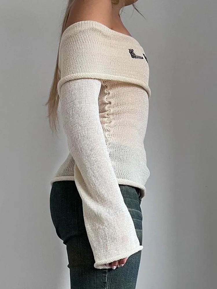 Weekeep Harajuku Letter Print Sweater Distressed Y2k Long Sleeve Off Shoulder Tube Pullovers 2000s Vintage Autumn Women Jumpers 250108