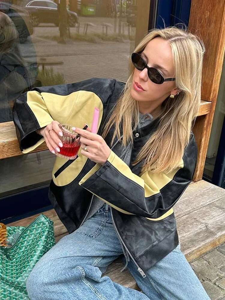 Vintage Patchwork Women's Leather Jacket Loose O-Neck Long Sleeve Zipper Moto Biker Coats 2024 Autumn Lady Contrast Y2k Outwear