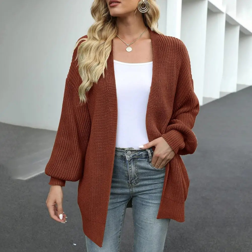 Women Autumn Winter Lantern Long Sleeve Cardigan Sweater Open Front Solid Color Mid-length Knitting Coat Streetwear 250106