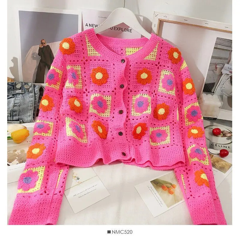 Fall Womens Crochet Cardigans Multicolor Y2k Vintage Knitted Sweaters Long Sleeve Loose Coats Warm Sweaters 3 Colors 250106