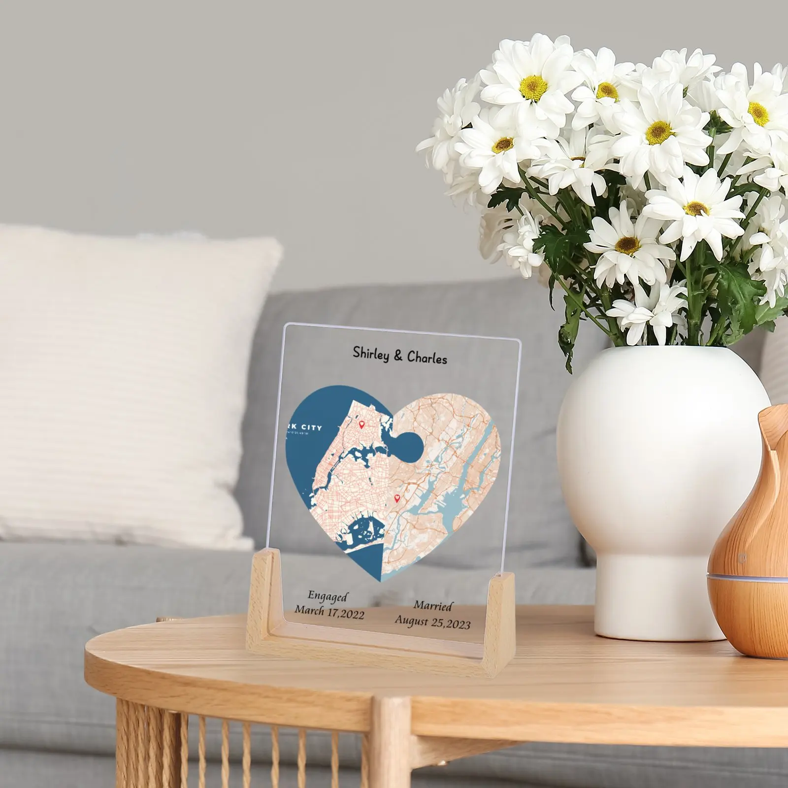 Customized Heart Shape Map Photo Personalized Couple Two Locations Picture Frame Bedroom Desktop Decoration Gift for Lover H260306